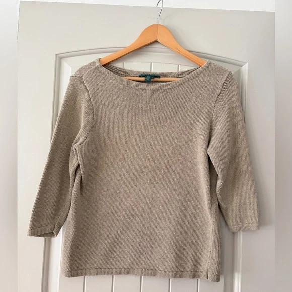 Lauren Ralph Lauren 100% Cotton Knit Boatneck Sweater Light Olive Tan | Large - Picture 2 of 9